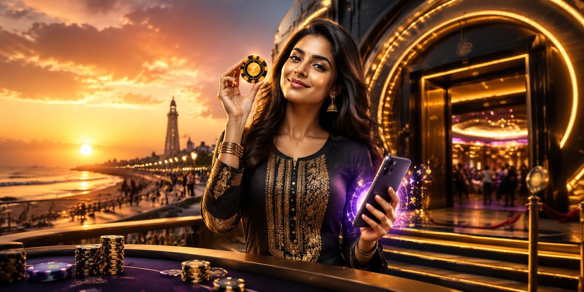 Woman using smartphone with 17316 betting app in vibrant Bangalore setting