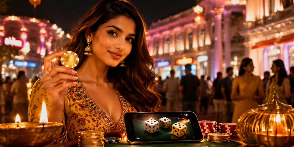 People playing dice game at Delhi's Connaught Place market with vibrant evening lights