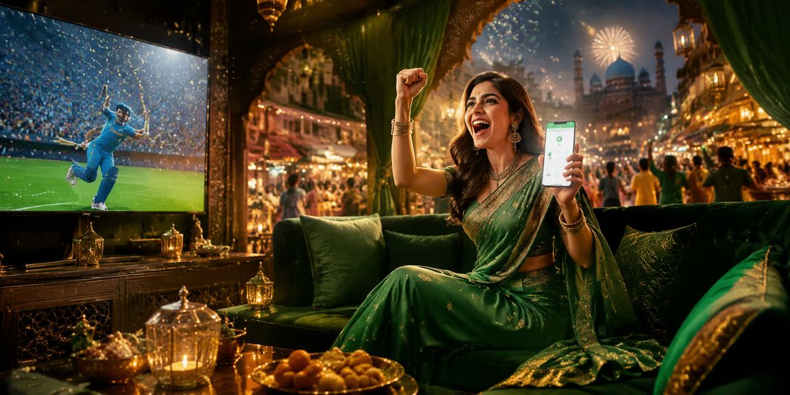 Indian woman holding mobile phone with 17316 betting app