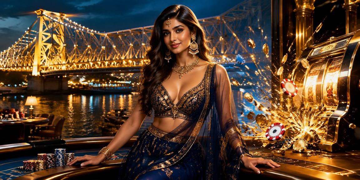 Howrah Bridge with slot gaming neon lights and Bollywood vibes